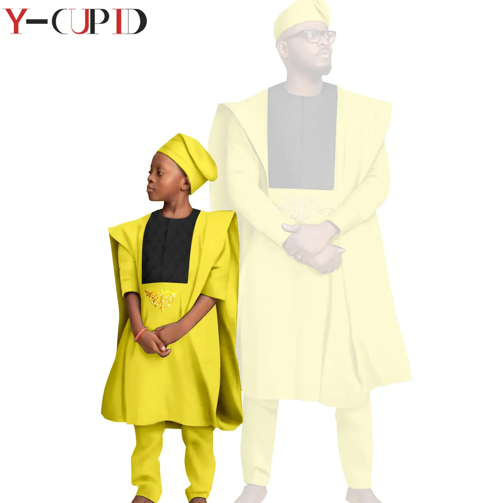 Color: SKY BLUE, Size: L - African Clothes for Men Top Pants Robes Hat Sets Match Kid Boy Sets Dashiki Father and Son Bazin Riche Family Outfits Y20F001