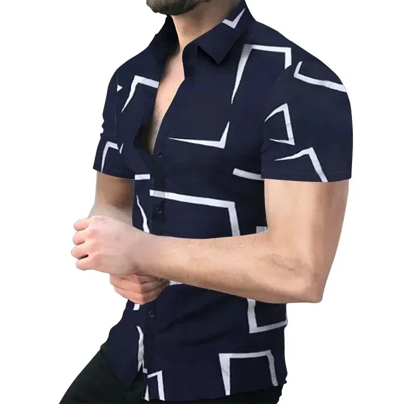 Color: GRAY, Size: M - 3D Men's Striped Printed Short Sleeve Shirt, Fashionable And Casual Loose Shirt, 2023 New Style.