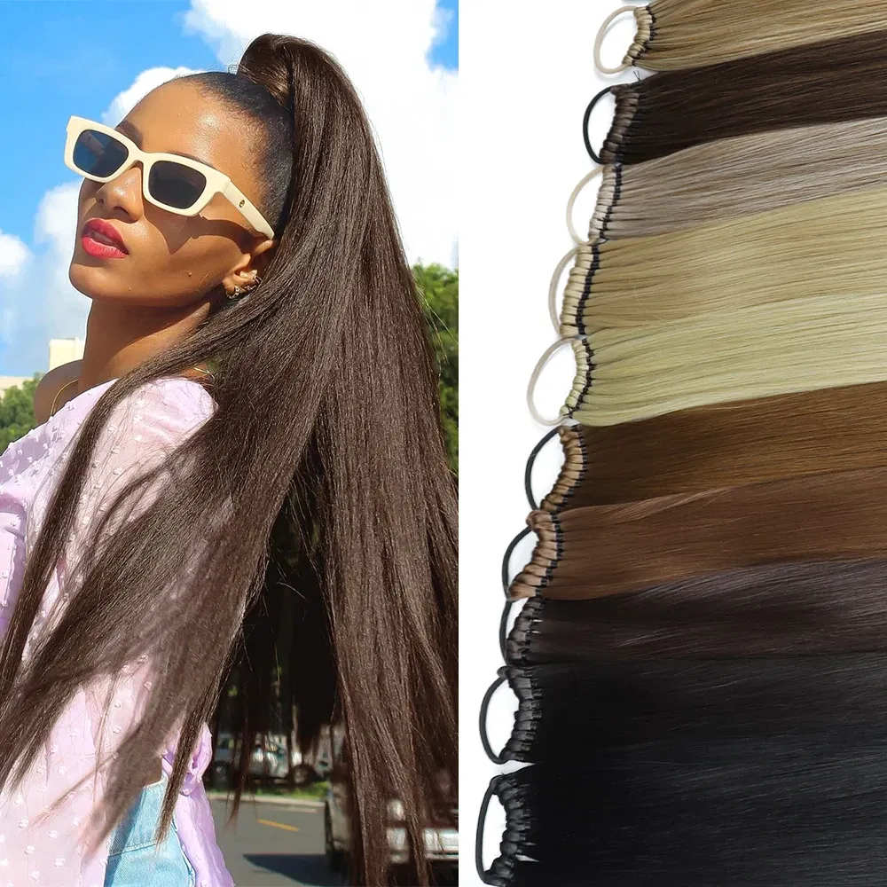 Color: P1B/613, Ships From: CHINA, Stretched Length: 24inches - 24 Inch Synthetic Ponytail Extensions Black Natural Braided Pony Tail Hairpiece Long Straight Rubber Band Hair For Women