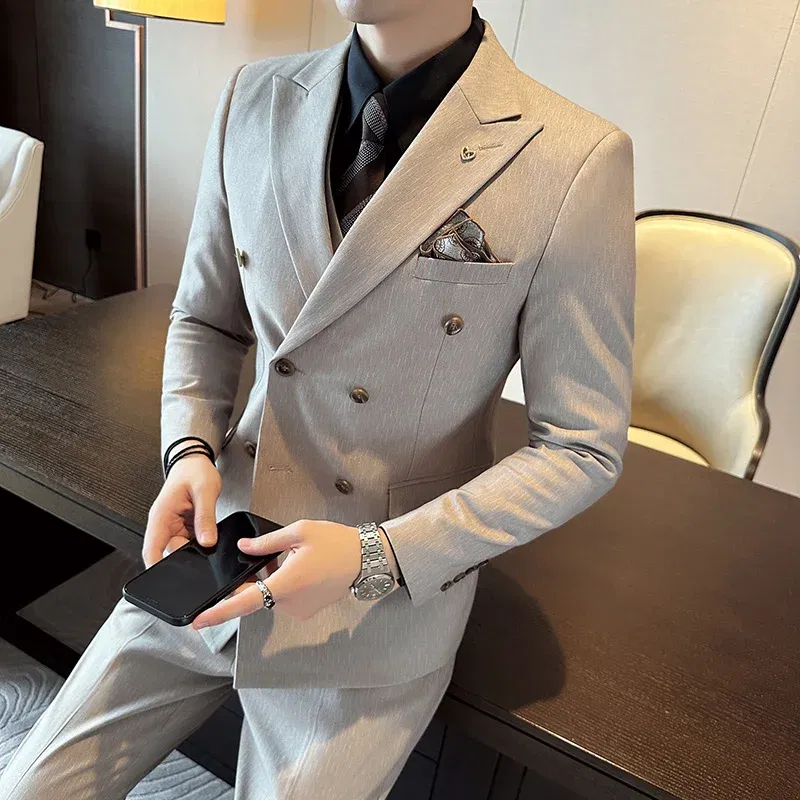 Color: black, Size: XXL - 2025 Men's Double Breasted 3/2 Piece Business Casual Wedding Dress Suit with  Trousers Regular Fit Bridegroom High Sense