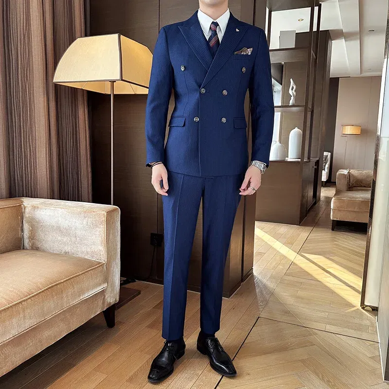 Color: black, Size: XXL - 2025 Men's Double Breasted 3/2 Piece Business Casual Wedding Dress Suit with  Trousers Regular Fit Bridegroom High Sense