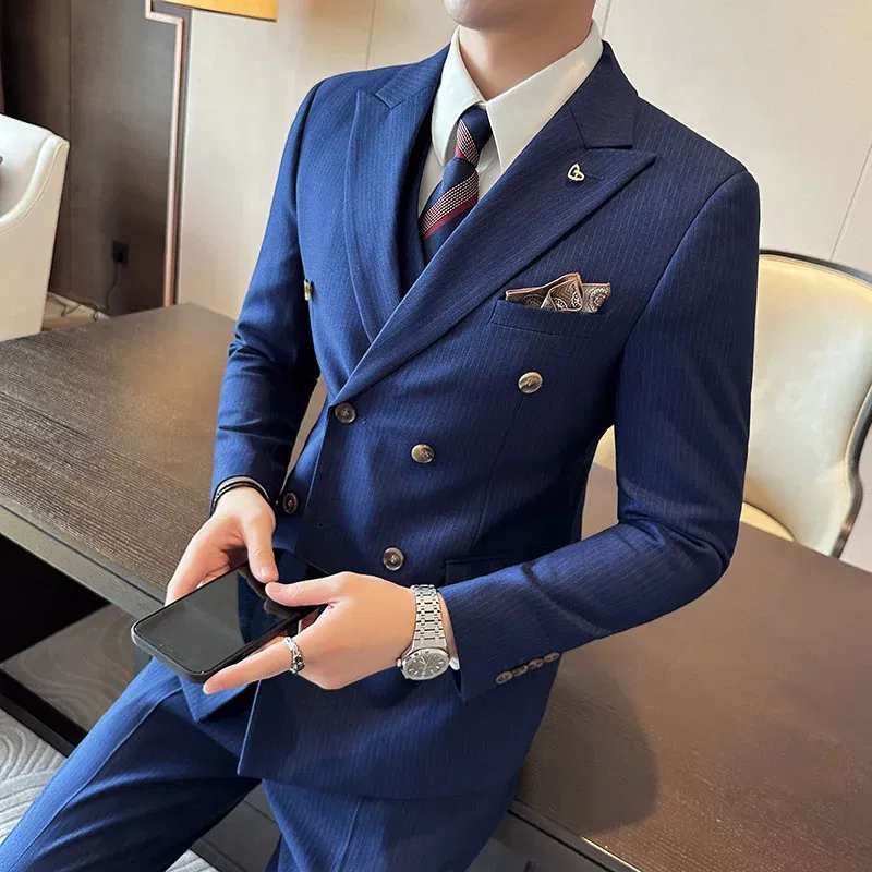 Color: black, Size: XXL - 2025 Men's Double Breasted 3/2 Piece Business Casual Wedding Dress Suit with  Trousers Regular Fit Bridegroom High Sense