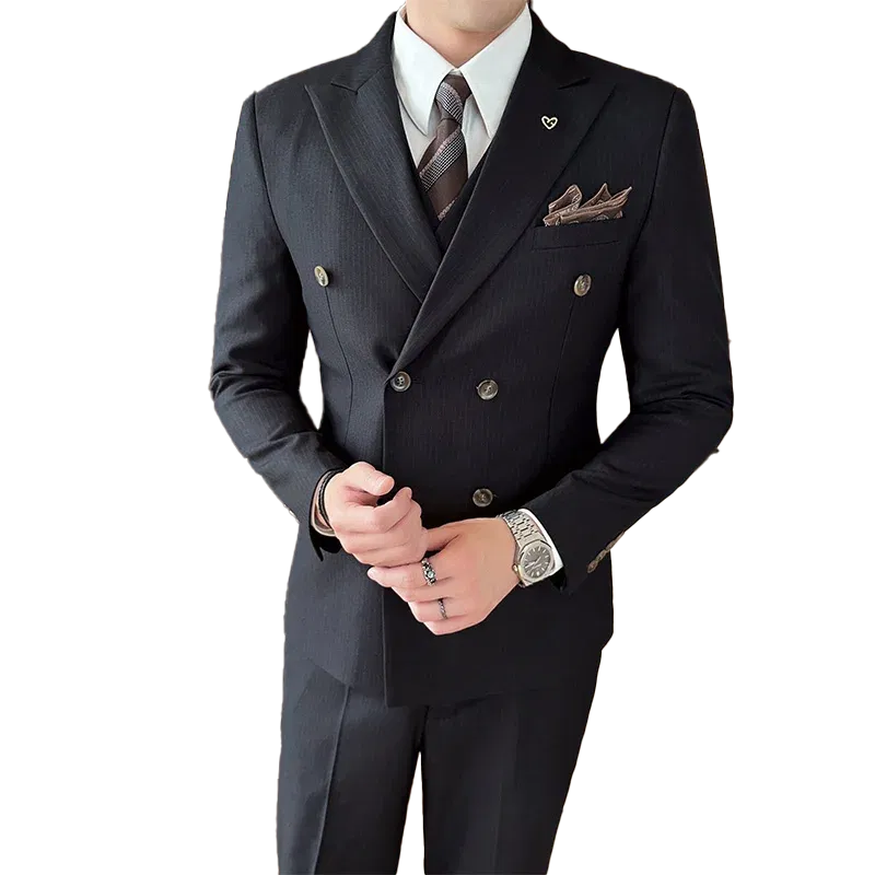 Color: black, Size: XXL - 2025 Men's Double Breasted 3/2 Piece Business Casual Wedding Dress Suit with  Trousers Regular Fit Bridegroom High Sense