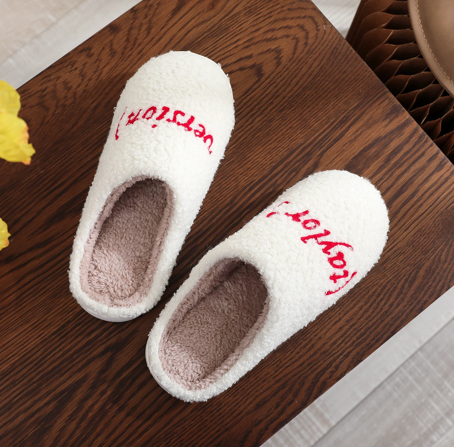 Color: WHITE, Shoe Size: 36 - Winter home home tapors version pattern cotton slippers non-slip thick-soled wool cotton slippers
