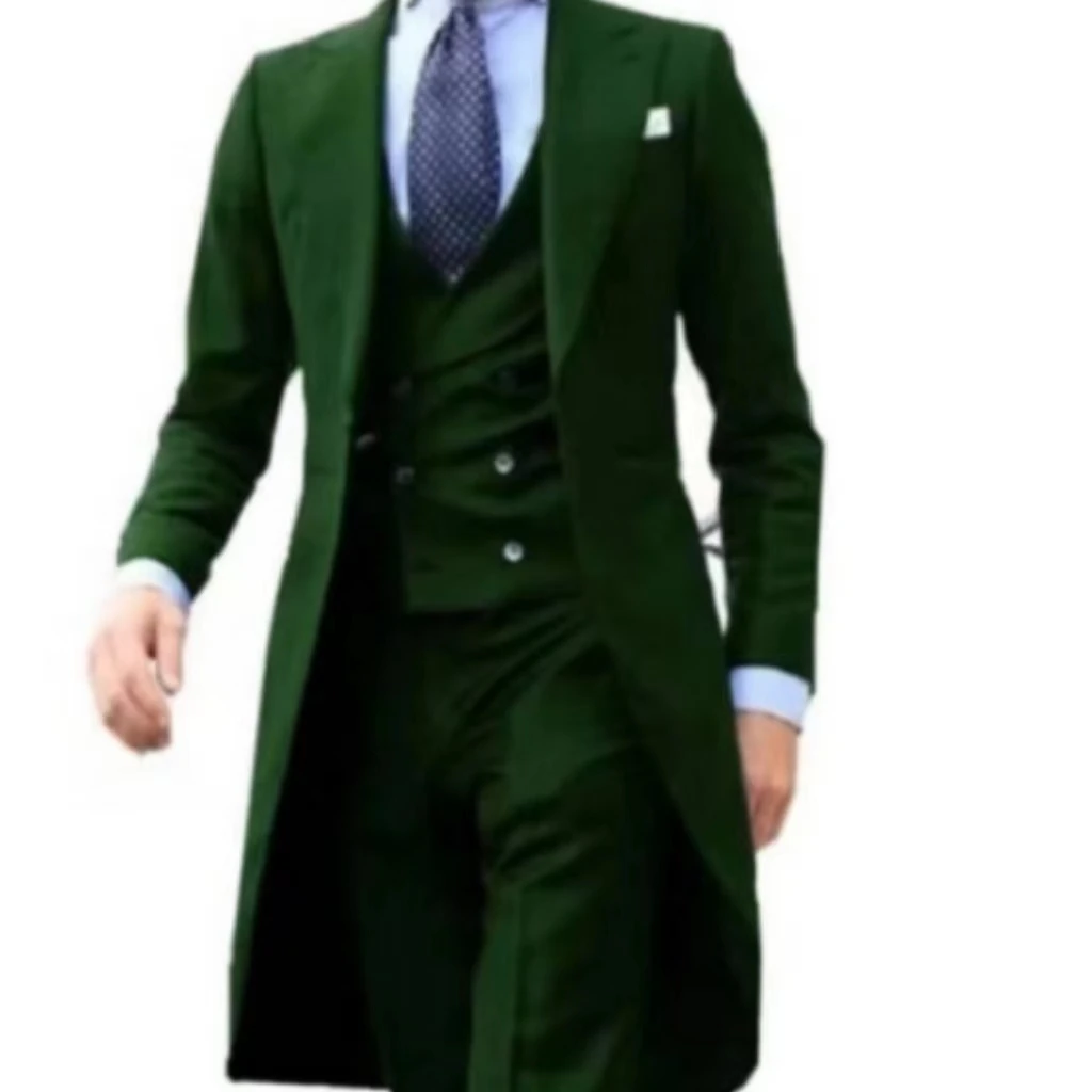 Color: green, Size: XXL - Elegant man suit Slim Fit Suit Luxury Formal Tuxedos Wedding 3 Pieces Blazer Vest Pants Set Long Tail Coat One Button Custom