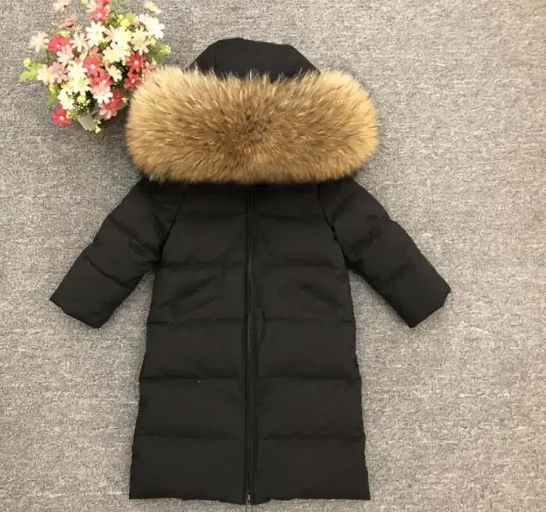 Color: SKY BLUE, Kid Size: 10 - Children Girl boy Winter real fur thickened down jackets 90 down Long Coat jacket overcoat baby kids clothing -30 outwear ws1245