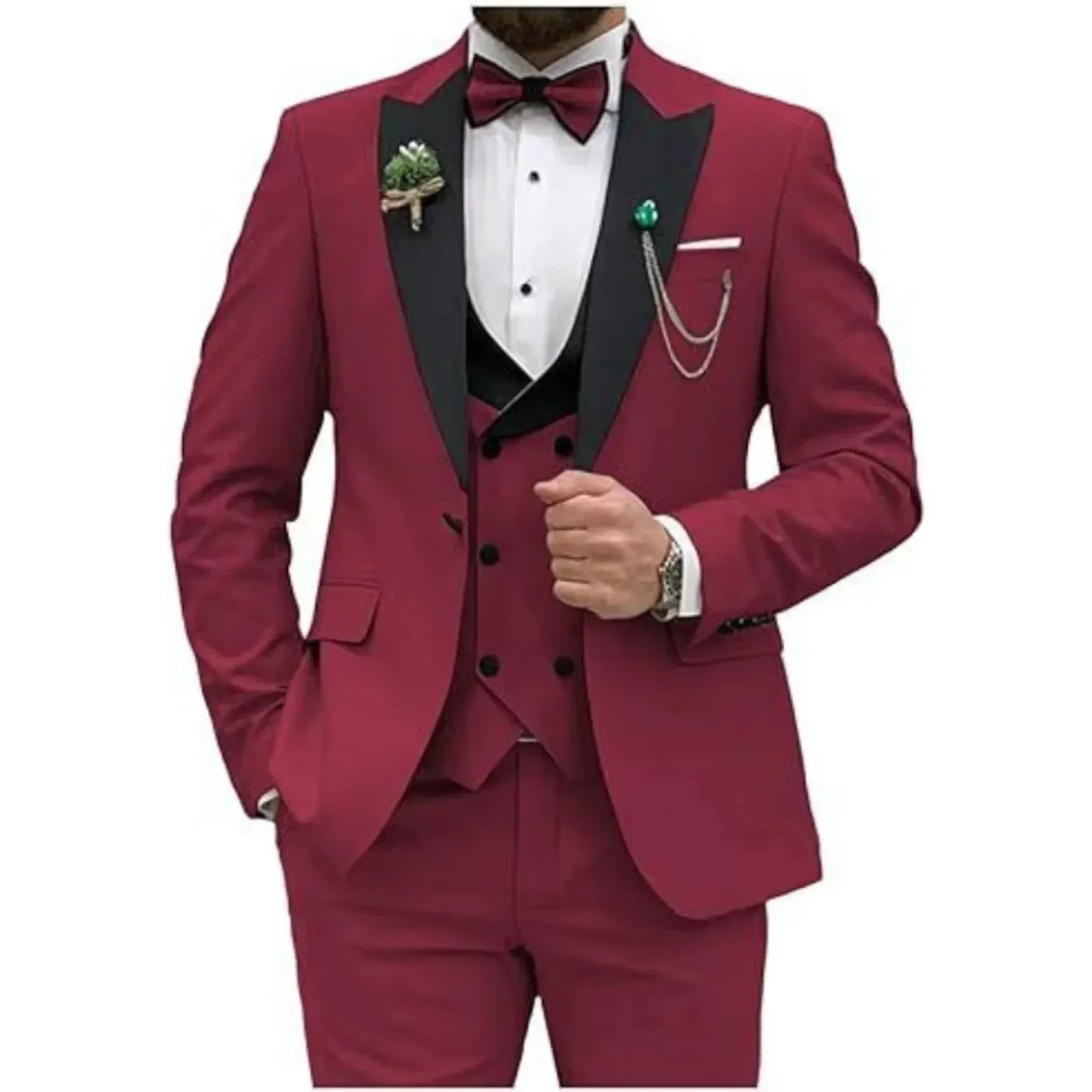 Color: Burgundy, Size: One Size - Men Suit Colorful Luxury Blazer Vest And Pant Sets 3 Piece Birthday Dress Business  Prom Evening Party Costumes High Quality