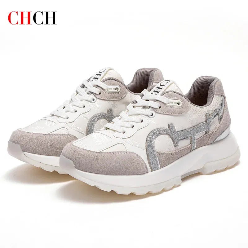 Color: Khaki, Shoe Size: 39 - CHCH Women Tennis Shoes New Leather Splicing Student Sports Shoes