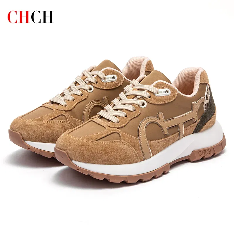 Color: Khaki, Shoe Size: 39 - CHCH Women Tennis Shoes New Leather Splicing Student Sports Shoes