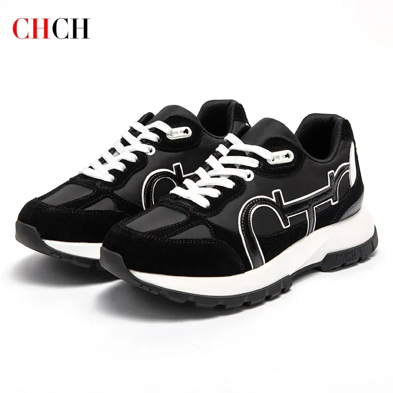 Color: Khaki, Shoe Size: 39 - CHCH Women Tennis Shoes New Leather Splicing Student Sports Shoes