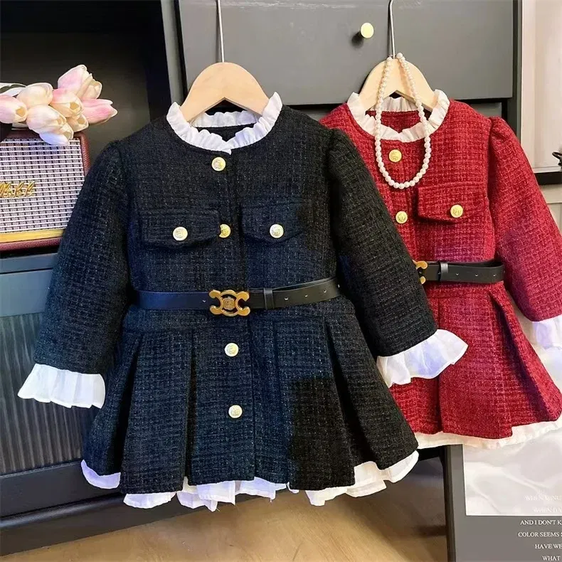 Color: Beige, Kid Size: 7T - 2025 Fall Winter Girls' Fleece-Lined Dress Plush Cotton Padded Party Dress Chic Tweed A-Line Outfit Warm Elegant Toddler Gown