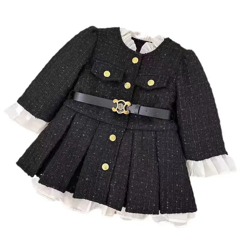 Color: Beige, Kid Size: 7T - 2025 Fall Winter Girls' Fleece-Lined Dress Plush Cotton Padded Party Dress Chic Tweed A-Line Outfit Warm Elegant Toddler Gown