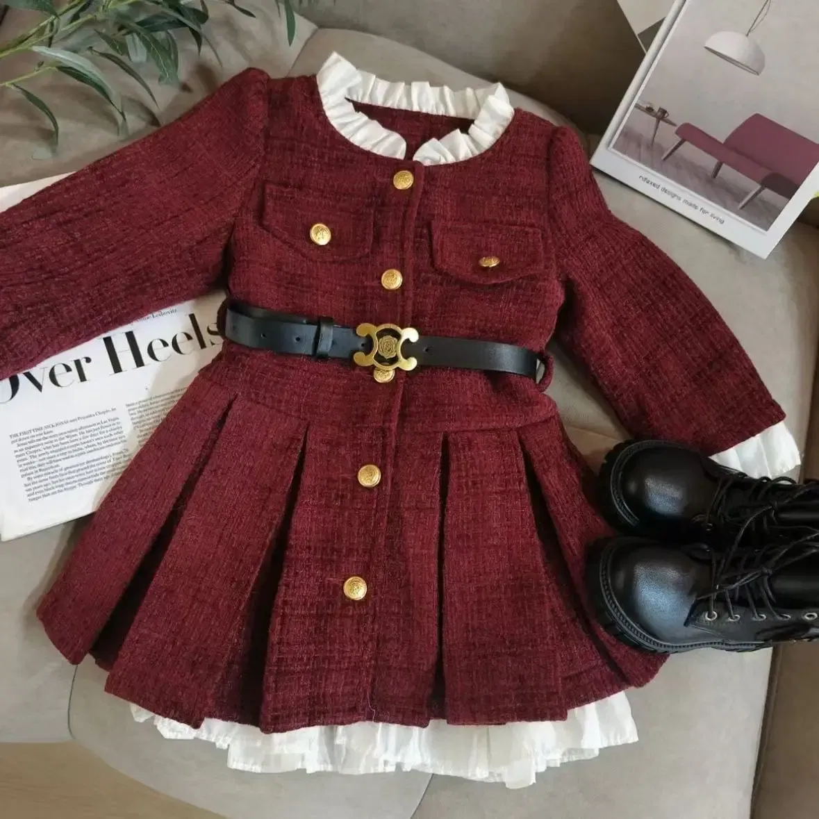 Color: Beige, Kid Size: 7T - 2025 Fall Winter Girls' Fleece-Lined Dress Plush Cotton Padded Party Dress Chic Tweed A-Line Outfit Warm Elegant Toddler Gown