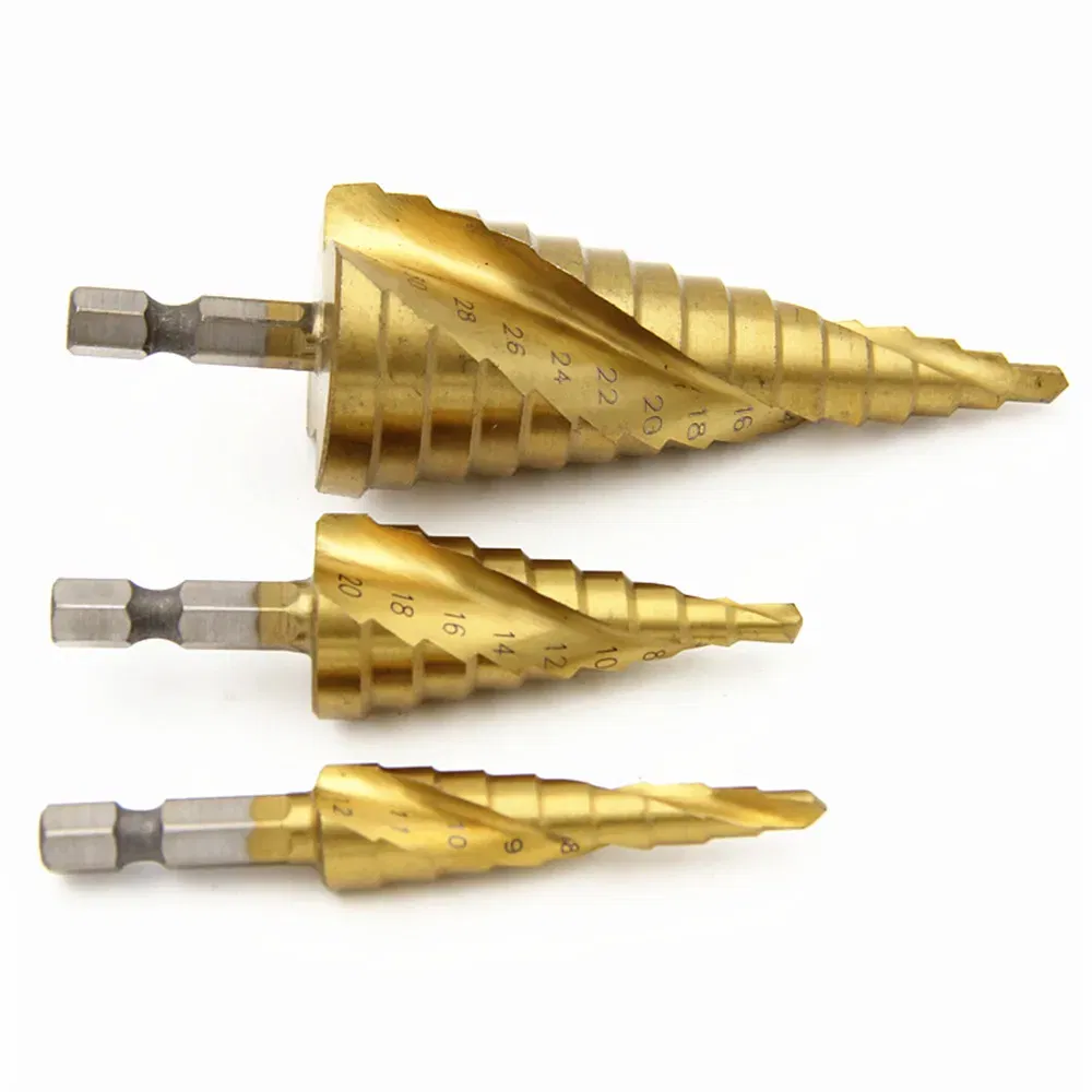 Color: Silver - 3pcs Spiral Grooved Drill Bits 3-12 4-12 4-20 Drilling Power Tool Metal Stainless Steel Wood Hole Cutter Cone Fast Drill Bit Set