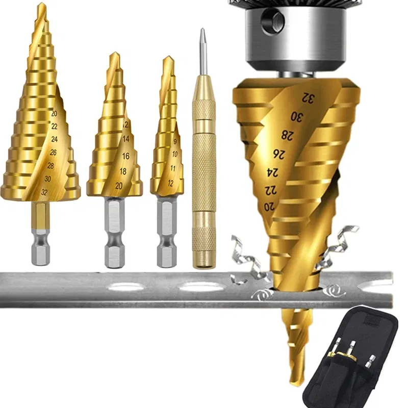 Color: Silver - 3pcs Spiral Grooved Drill Bits 3-12 4-12 4-20 Drilling Power Tool Metal Stainless Steel Wood Hole Cutter Cone Fast Drill Bit Set