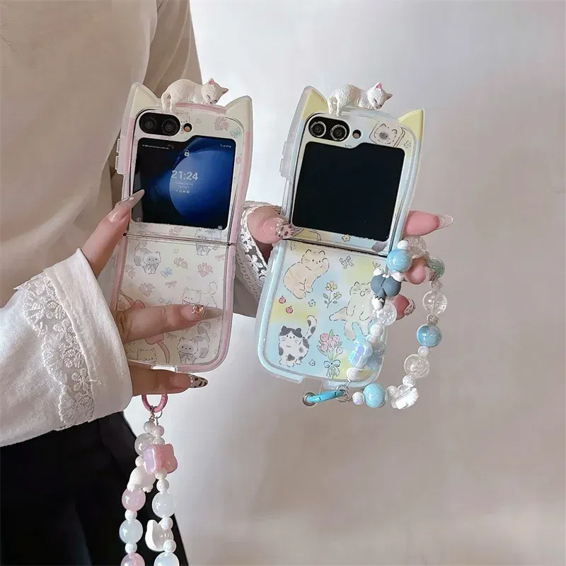 Color: Khaki, Material: PE - 3D Flower Cat Bracelet Phone Case For Samsung Galaxy Z Flip 7 FE 6 5 4 3 ZFlip6 Z Flip6 ZFlip 6 Cat Ears Shockproof Cover