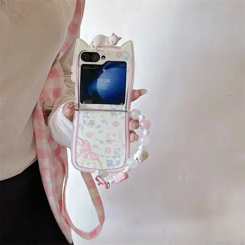 Color: Khaki, Material: PE - 3D Flower Cat Bracelet Phone Case For Samsung Galaxy Z Flip 7 FE 6 5 4 3 ZFlip6 Z Flip6 ZFlip 6 Cat Ears Shockproof Cover
