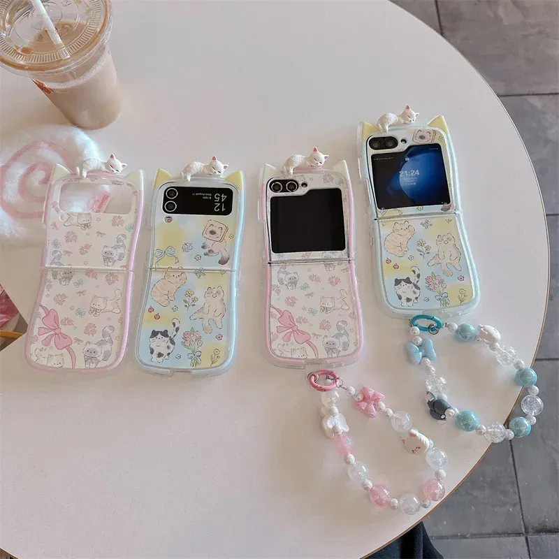 Color: Khaki, Material: PE - 3D Flower Cat Bracelet Phone Case For Samsung Galaxy Z Flip 7 FE 6 5 4 3 ZFlip6 Z Flip6 ZFlip 6 Cat Ears Shockproof Cover