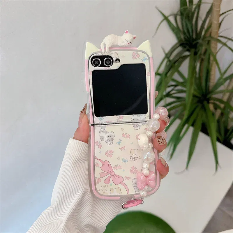 Color: Khaki, Material: PE - 3D Flower Cat Bracelet Phone Case For Samsung Galaxy Z Flip 7 FE 6 5 4 3 ZFlip6 Z Flip6 ZFlip 6 Cat Ears Shockproof Cover