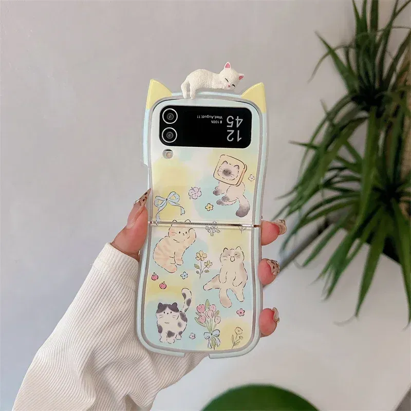 Color: Khaki, Material: PE - 3D Flower Cat Bracelet Phone Case For Samsung Galaxy Z Flip 7 FE 6 5 4 3 ZFlip6 Z Flip6 ZFlip 6 Cat Ears Shockproof Cover