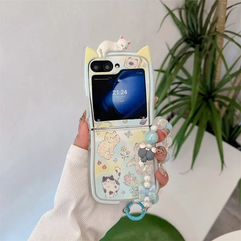 Color: Khaki, Material: PE - 3D Flower Cat Bracelet Phone Case For Samsung Galaxy Z Flip 7 FE 6 5 4 3 ZFlip6 Z Flip6 ZFlip 6 Cat Ears Shockproof Cover