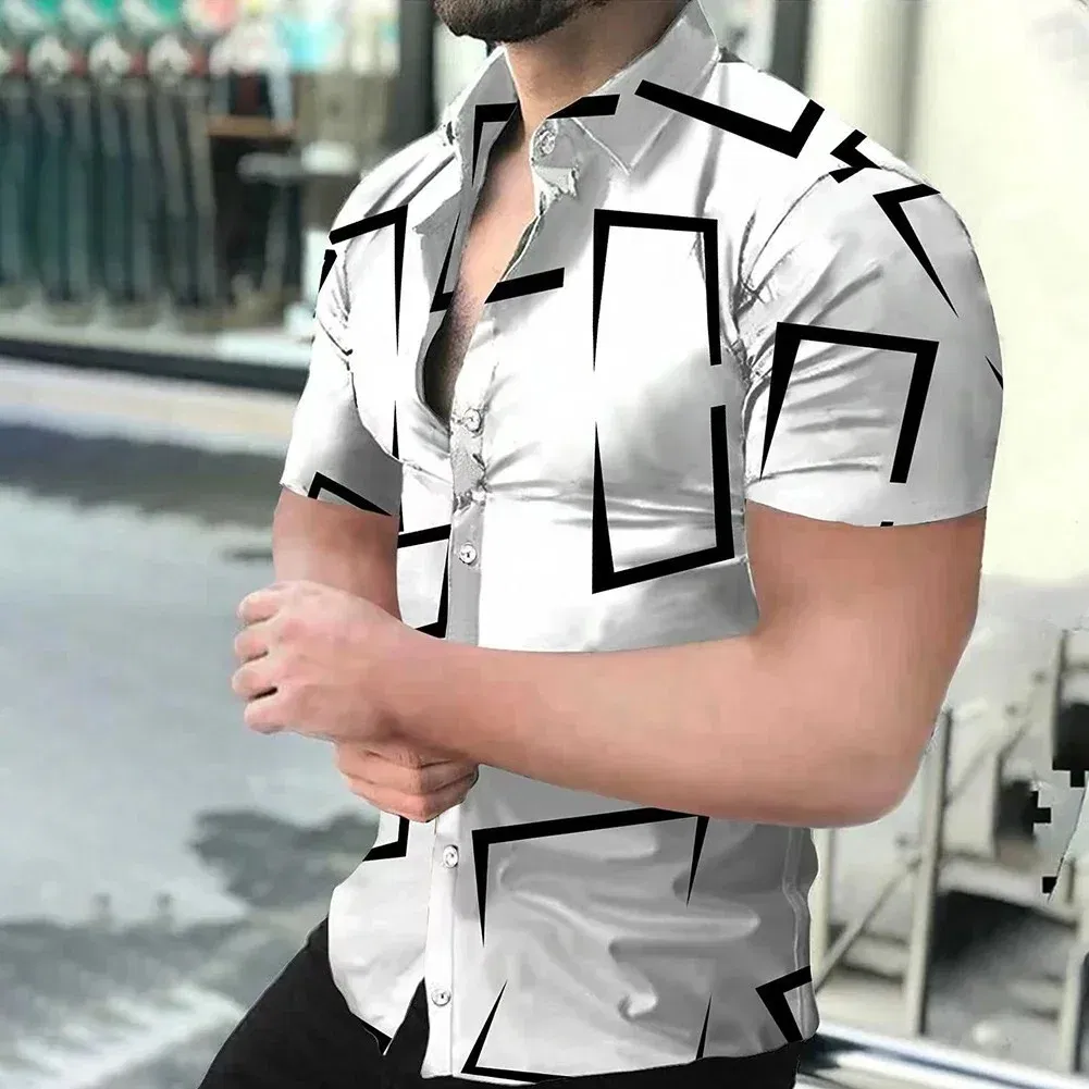 Color: SKY BLUE, Size: L - 3D Men's Striped Printed Short Sleeve Shirt, Fashionable And Casual Loose Shirt, 2023 New Style.