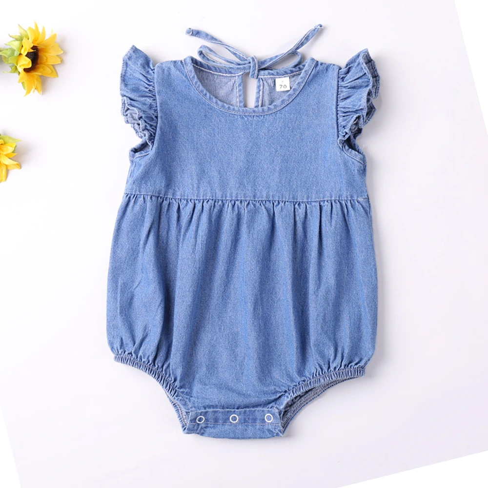 Color: Blue, Kid Size: 6M - Baby Girls Rompers Toddler Ruffles Romper Cotton Denim Fly Sleeveless Summer Bodysuit Sunsuit Outfits Newborn Infant Jumpsuit