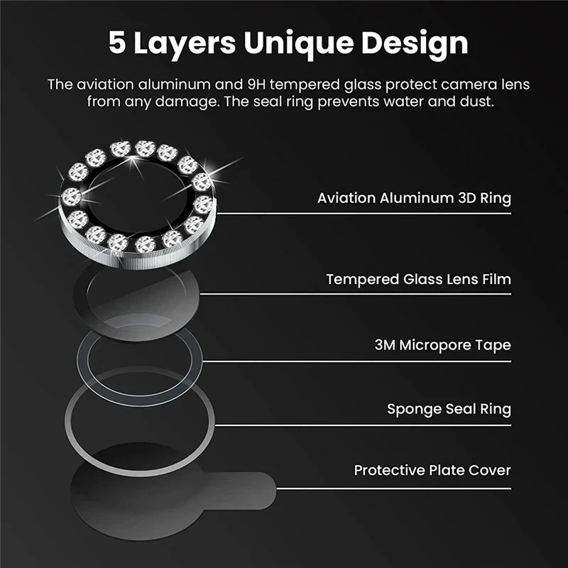 Material: Microfiber, Color: black - Bling 3D Diamond Metal Camera Ring Protector for Samsung Galaxy A55 A35 A25 A15 A05 5G Alloy Lens HD Tempered Glass Protect Cap
