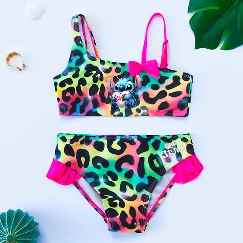Color: Red, Size: L - Lilo Stitch Gilrs Bow Bikini Set Trendy Two-Piece Swimsuits for Summer Stylish Beachwear Pool Fashion Bathing Suits 3-12Y