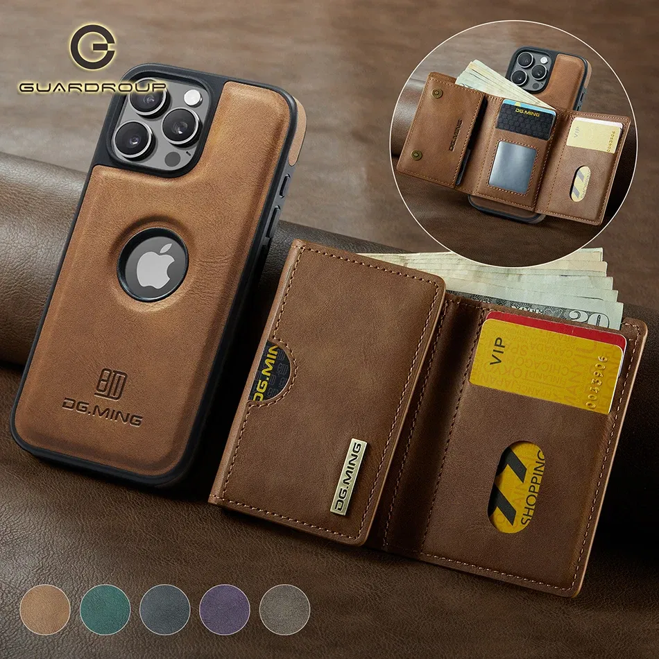 Color: Beige, Material: Carbon Fiber - Detachable 2 IN 1 Magnetic For Magsafe Leather Case For iPhone 16 Pro Max 15 12 13 11 14 Plus 16e Flip Wallet Card Holder Cover