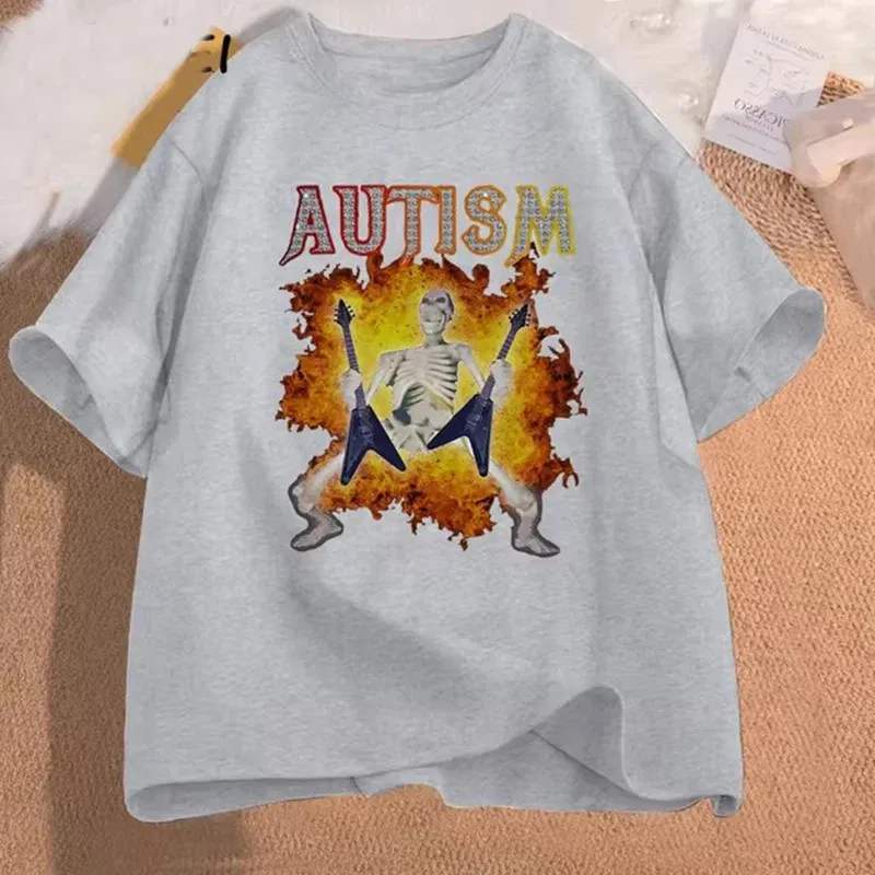 Color: green, Size: L - Autistic Funny Skeleton T Shirt Women Men Autism Edgy Skeleton Meme T-shirt Casual Short Sleeve Tshirt Round Neck Clothes
