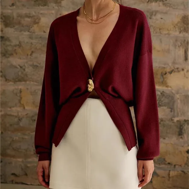 Color: Dark Brown, Size: M - Women's Knitted Sweater with Elegant Temperament, Solid Color, Long Sleeved Buttons, Knitted Open