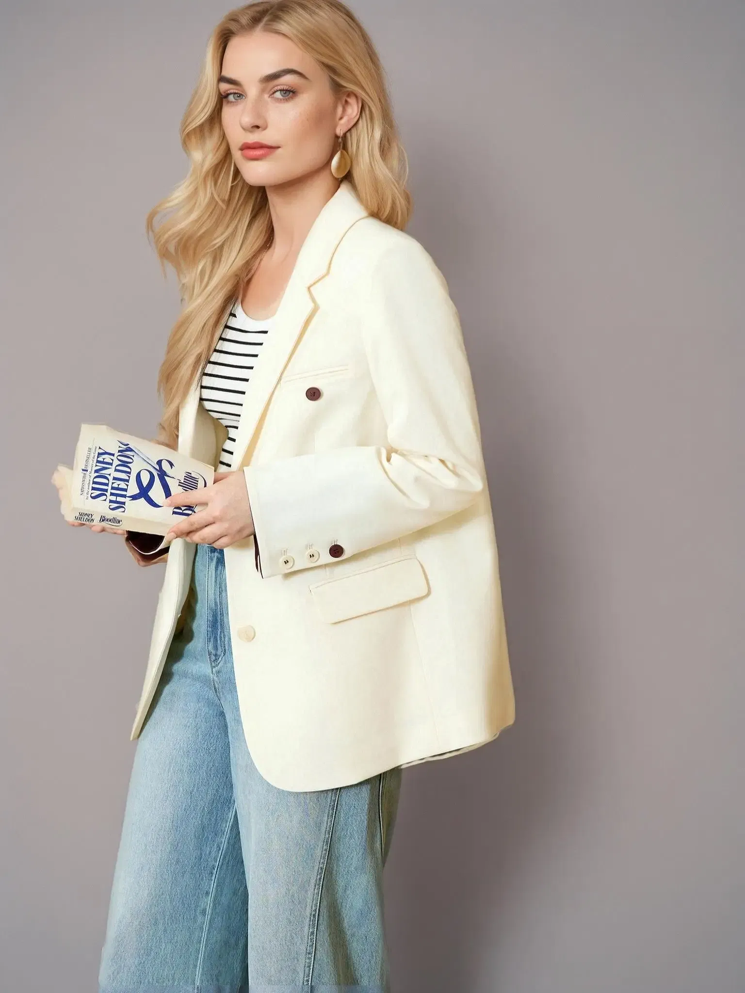 Color: GRAY, Size: XXXL - DUSHU Plus Gray Blazer Jacket For Women 2025 Spring New Design Elegant Style Commuter Coat Chic Outwear Office Lady 25DS81036