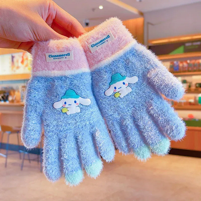 Color: Gold - Sanrio Gloves Kawaii My Melody Kuromi Cold-Proof Winter Finger Gloves Plush Screen Touch Warm Children Toddler Christmas Gifts