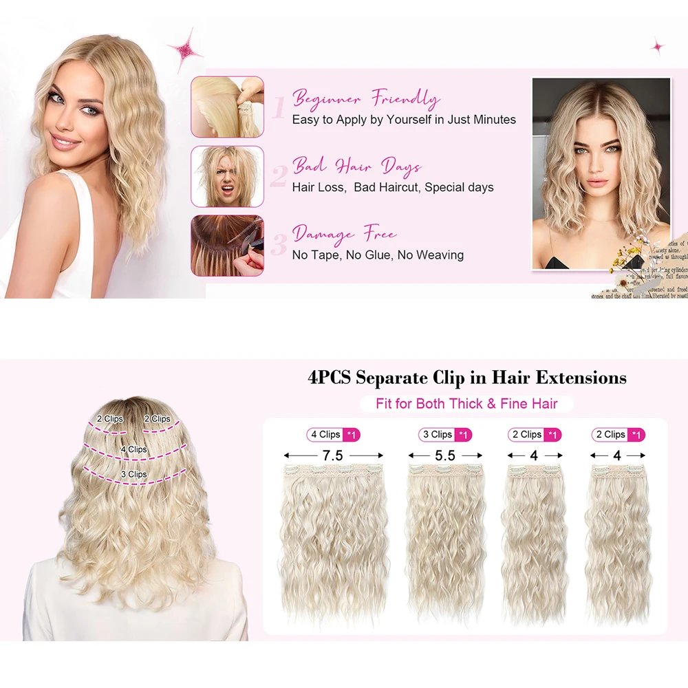 Color: NC/4HL, Stretched Length: 16inches - Clip in Hair Extensions for Women 4PCS 12 Inch Short Curly Wavy Invisible Thick Hairpieces Synthetic Fiber Double Weft Hair