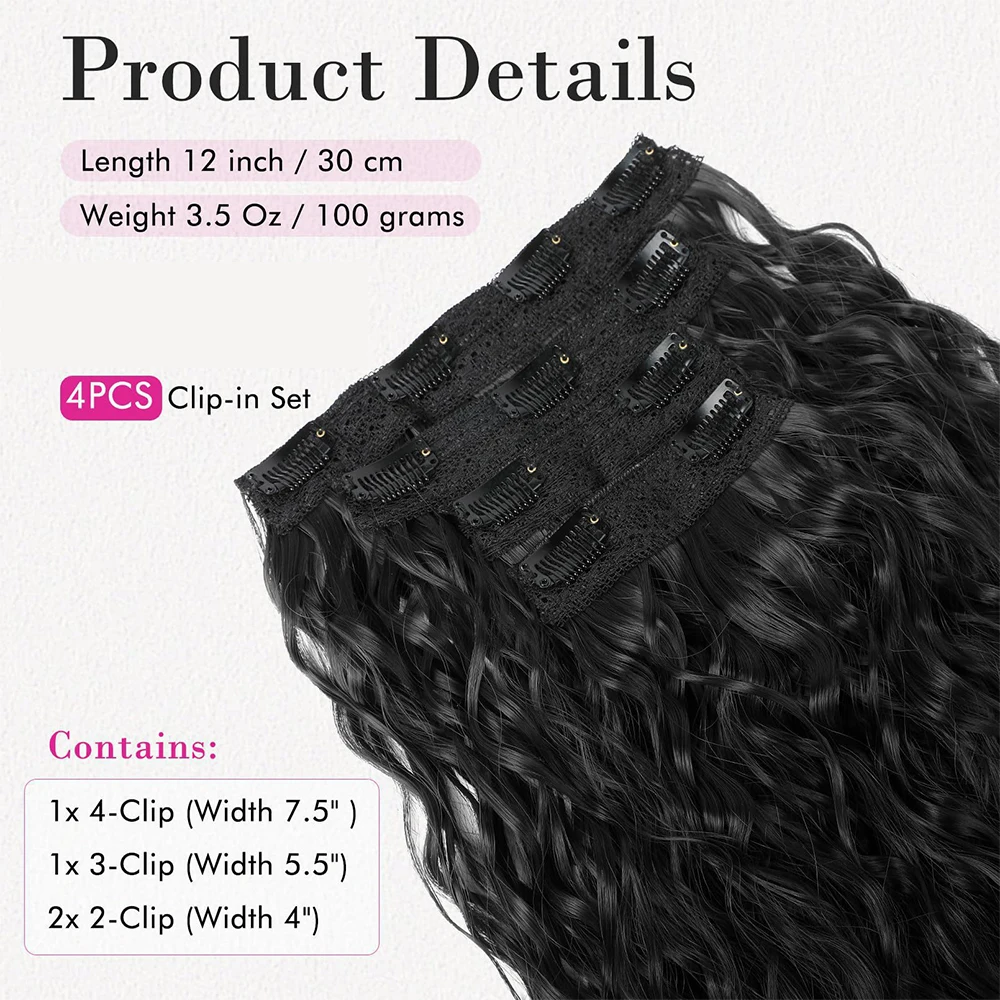 Color: NC/4HL, Stretched Length: 16inches - Clip in Hair Extensions for Women 4PCS 12 Inch Short Curly Wavy Invisible Thick Hairpieces Synthetic Fiber Double Weft Hair
