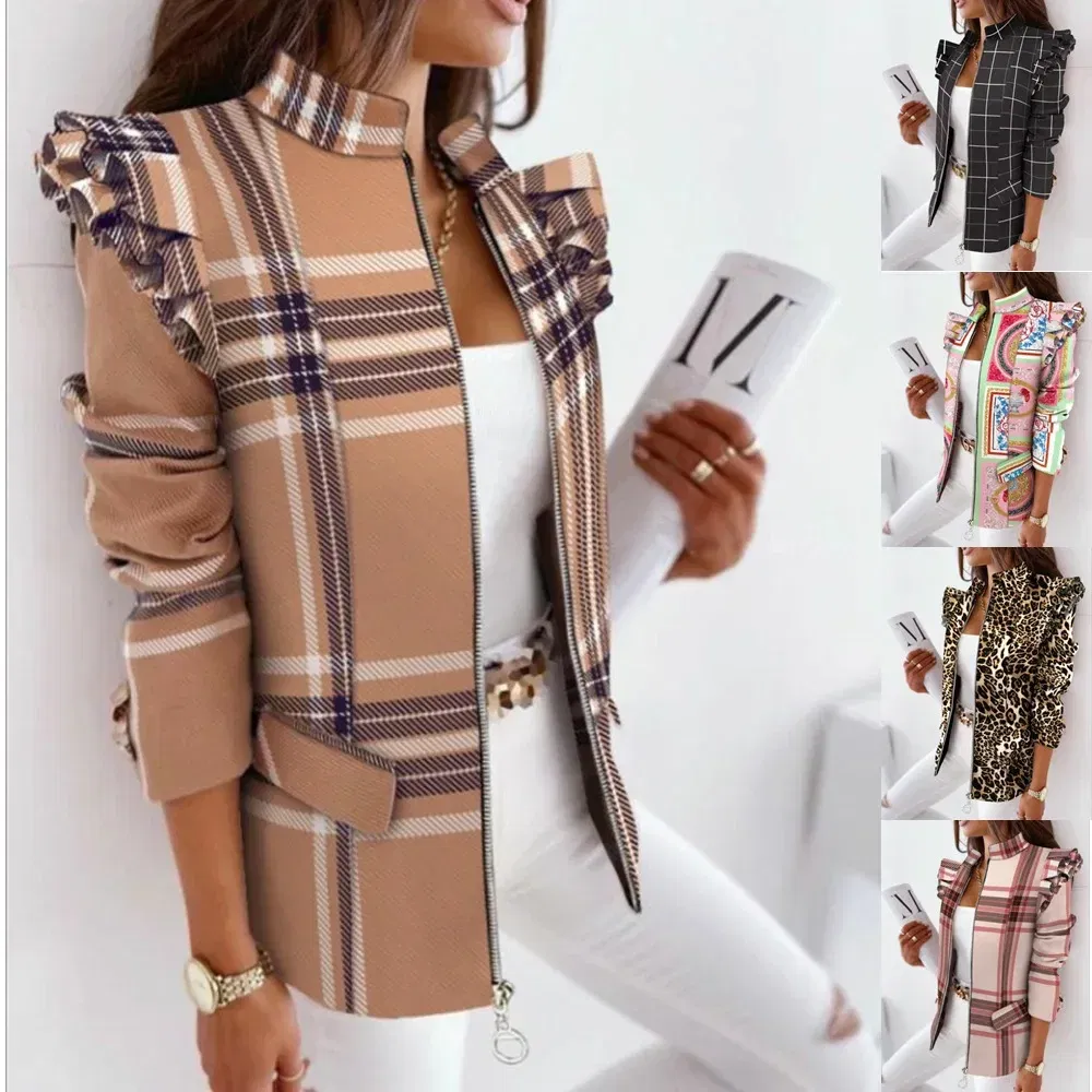 Color: army green, Size: XL - 2022 Autumn and Winter Ruffled Long-sleeved Zipper Print Small Suit Jacket Women Blazers for Women Cropped Blazer Ladies Tops
