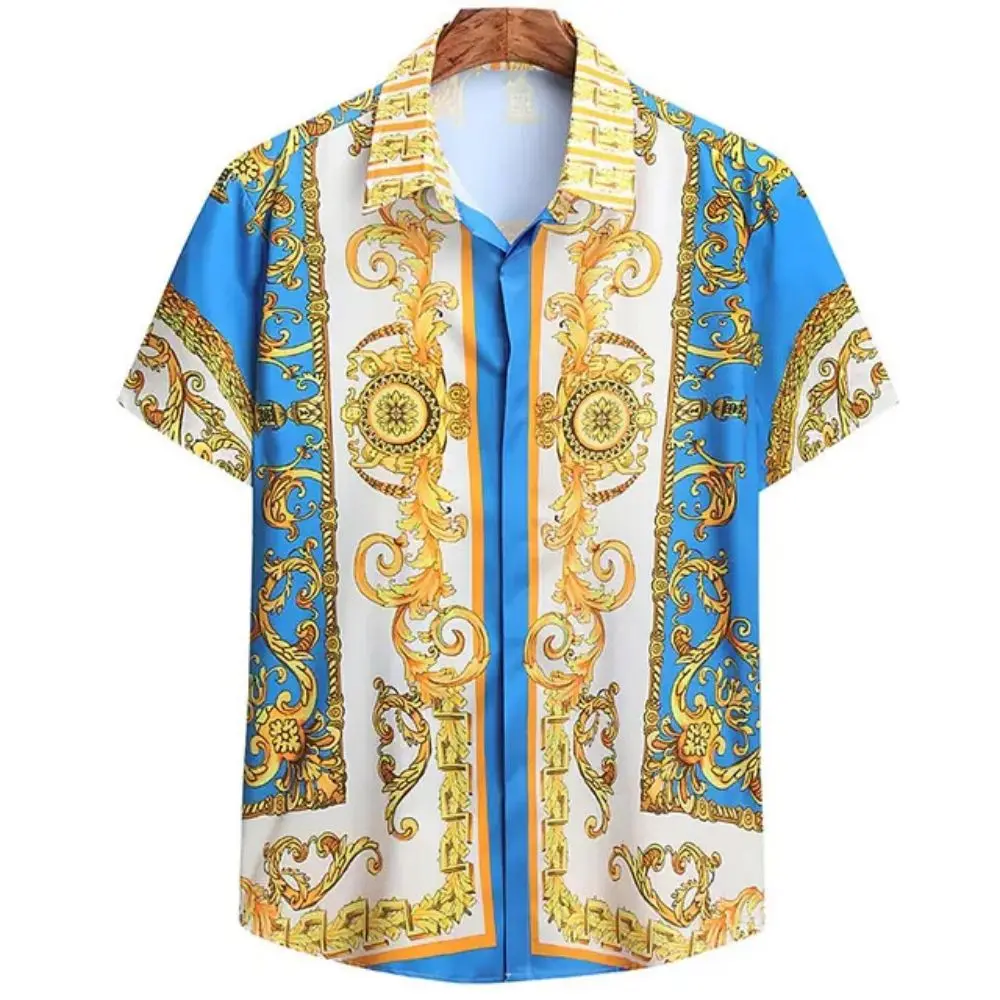 Color: black, Size: XL - Summer Fashion Men's Short Sleeve Casual Shirts Luxury Style Gold Printed Tops Everyday Casual Wear Men's Shirts Oversized Tops