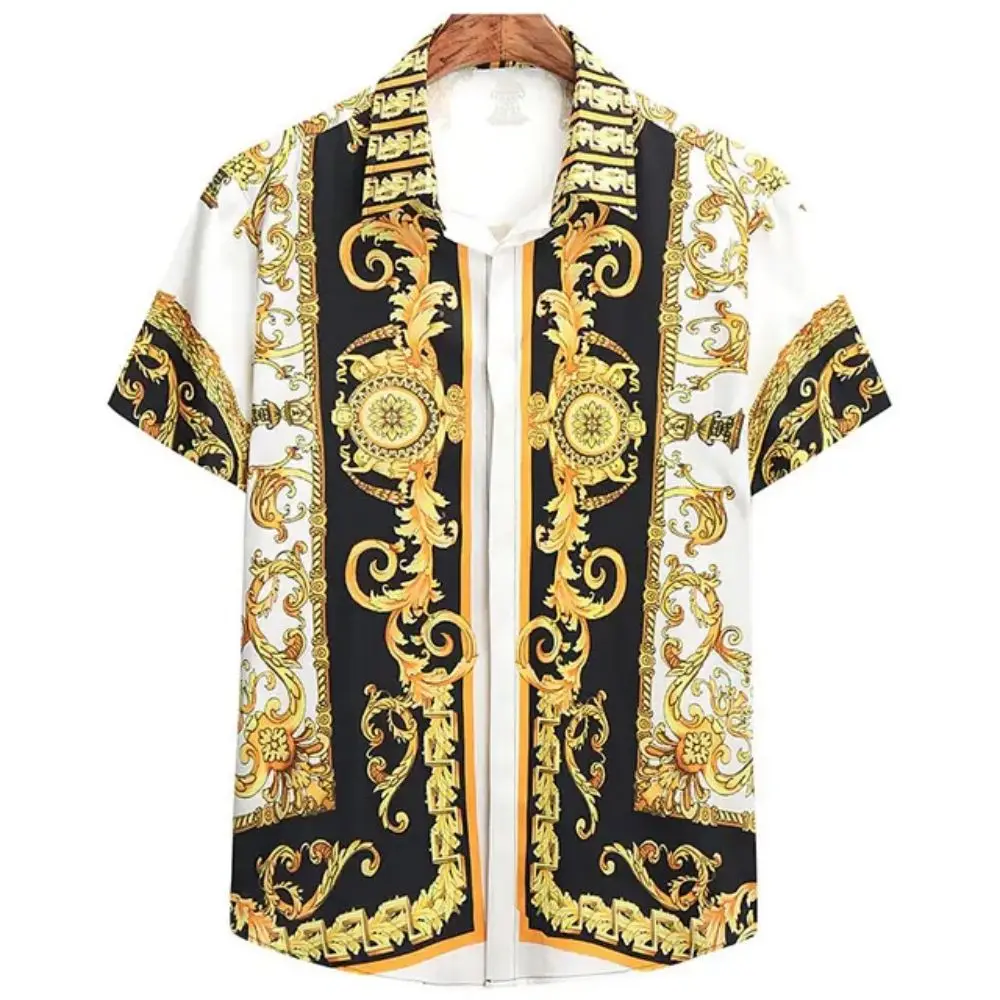 Color: black, Size: XL - Summer Fashion Men's Short Sleeve Casual Shirts Luxury Style Gold Printed Tops Everyday Casual Wear Men's Shirts Oversized Tops