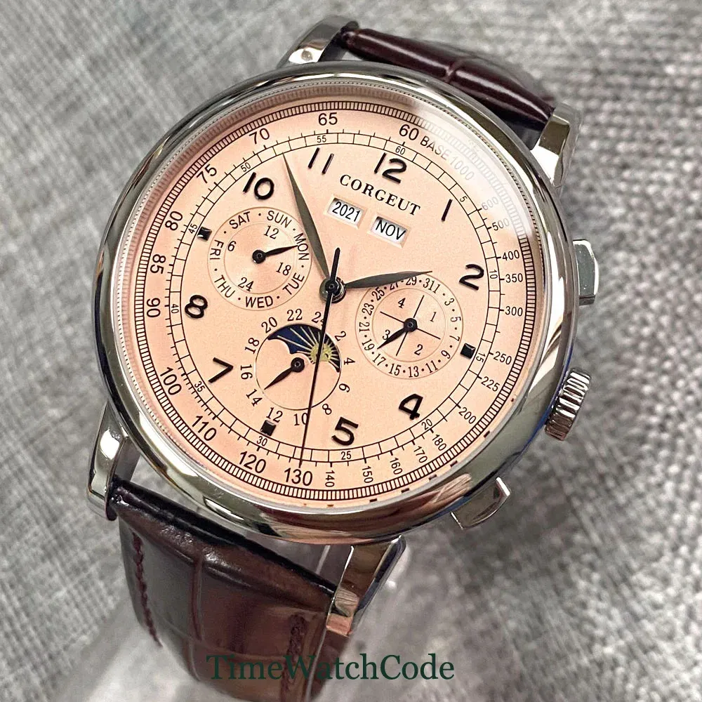 Color: Silver - Corgeut 42mm Automatic Men's Watch Date Day Month Year Rose Gold Dial Multifunction 316L Leather Strap Polished Case Day Night
