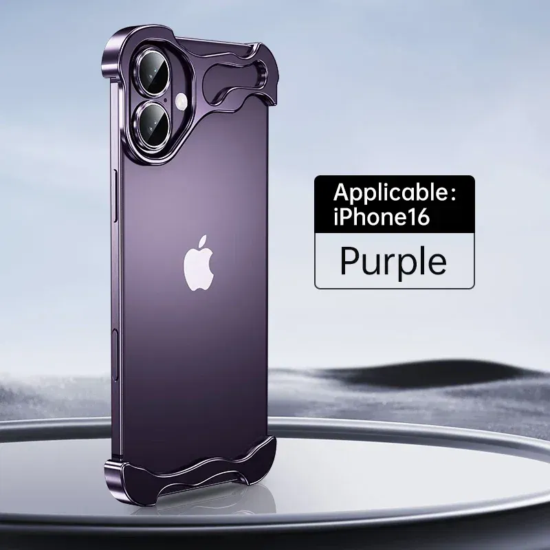 Color: black, Material: CANVAS - Aluminum Metal Rimless Phone Case for iPhone 16 15 14 Plus 13 12 Pro Max Lens Protective Film Hollow Logo Cooling Accessory Case