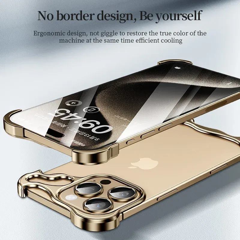 Color: black, Material: CANVAS - Aluminum Metal Rimless Phone Case for iPhone 16 15 14 Plus 13 12 Pro Max Lens Protective Film Hollow Logo Cooling Accessory Case