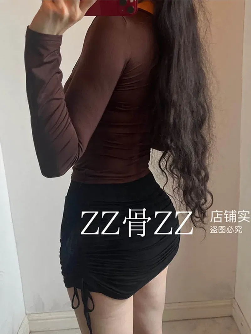 Color: Coffee, Size: S - Autumn New Casual Pure Desire Spicy Girl Sexy Style Basic Style Base Long Sleeved T-shirt Fashion Sexy Sweet Women Tees A8Q2