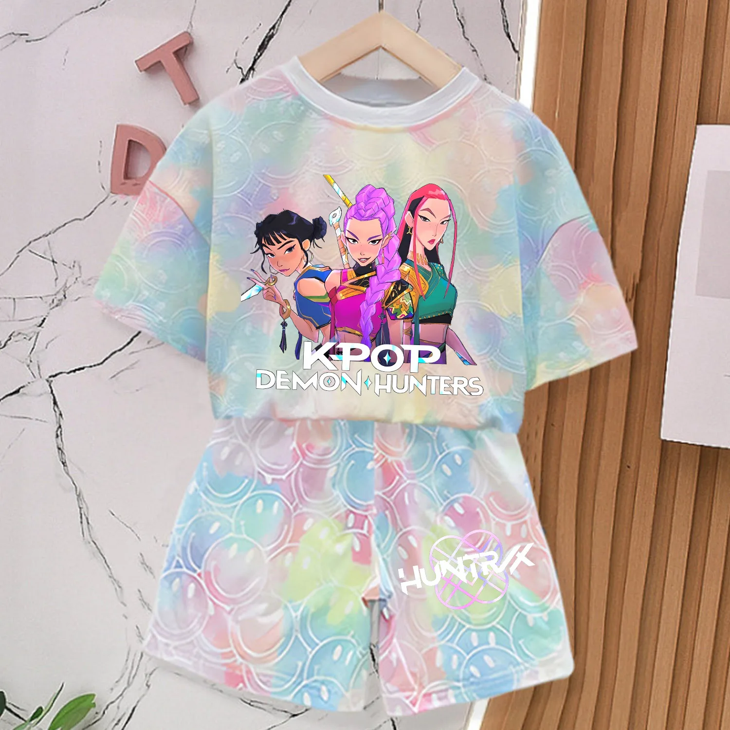 Color: black, Size: M - KPop Demon Hunters New T-shirt Pants Set Girls Summer Clothing Kawaii Smile Face Short Sleeve Outfits Kids Tee Top Pajamas Gift