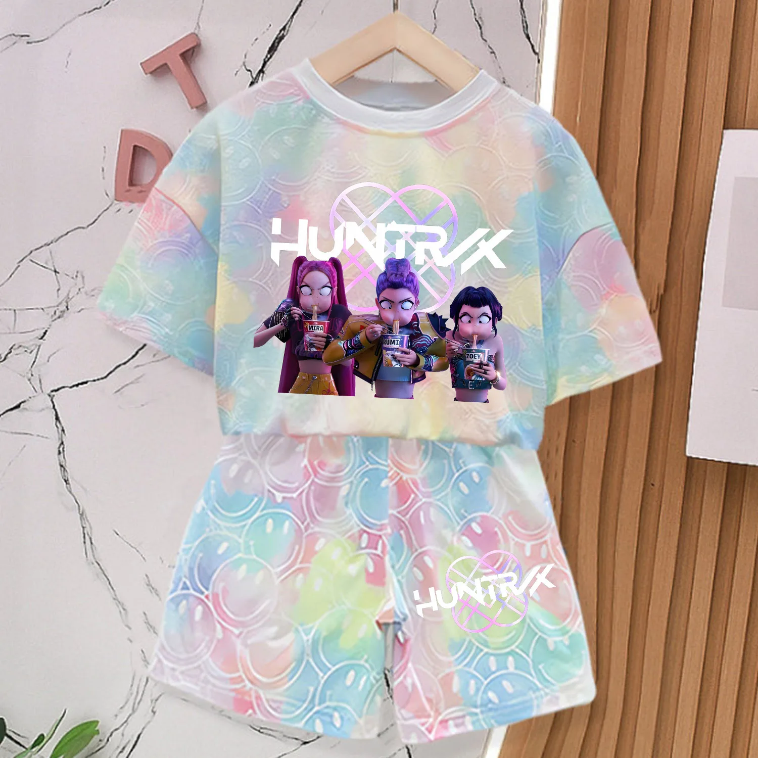 Color: black, Size: M - KPop Demon Hunters New T-shirt Pants Set Girls Summer Clothing Kawaii Smile Face Short Sleeve Outfits Kids Tee Top Pajamas Gift