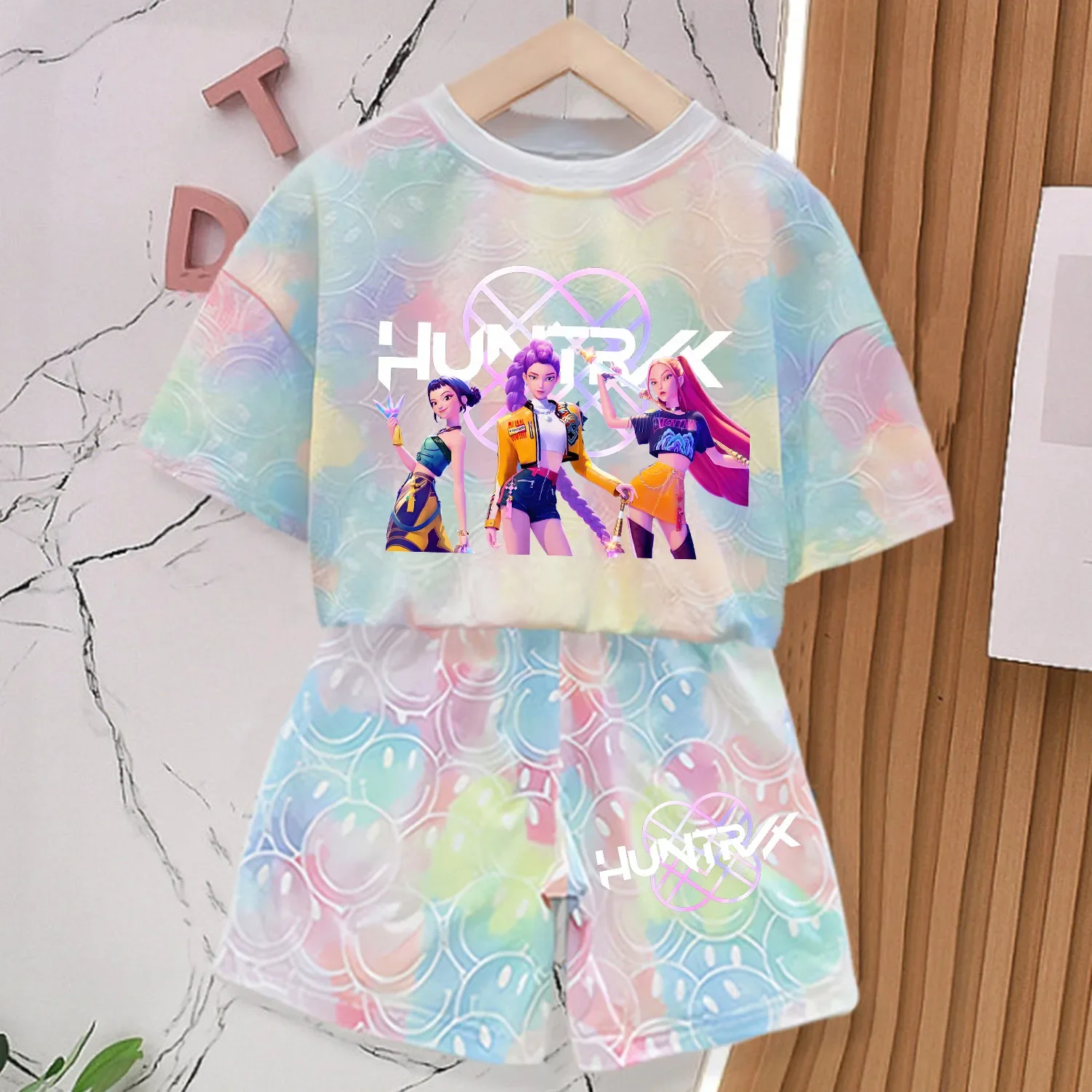 Color: black, Size: M - KPop Demon Hunters New T-shirt Pants Set Girls Summer Clothing Kawaii Smile Face Short Sleeve Outfits Kids Tee Top Pajamas Gift