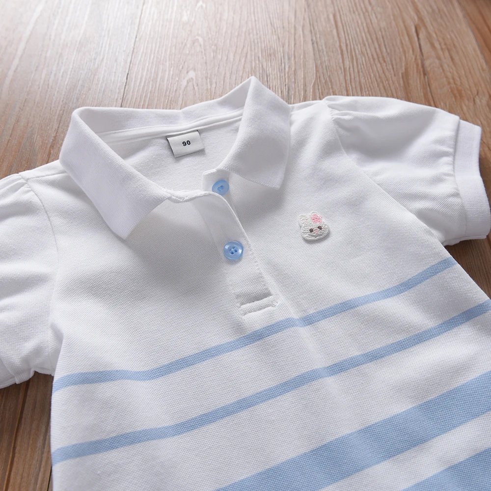 Color: Blue, Kid Size: 4 - Girls' Fashion Polo Dress with Stripes Kids Elegant Puffed Sleeves Clothes Baby Girls Summer Dresses