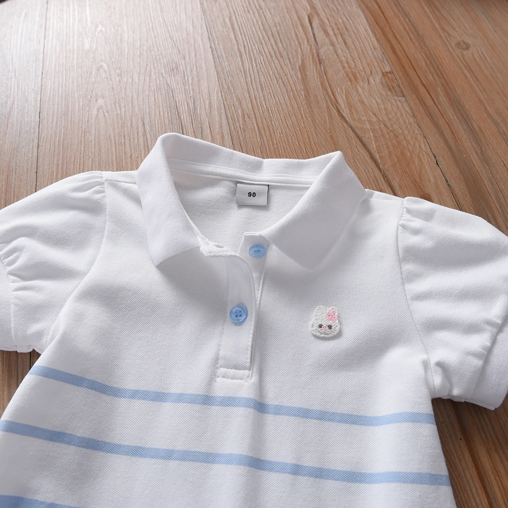 Color: Blue, Kid Size: 4 - Girls' Fashion Polo Dress with Stripes Kids Elegant Puffed Sleeves Clothes Baby Girls Summer Dresses
