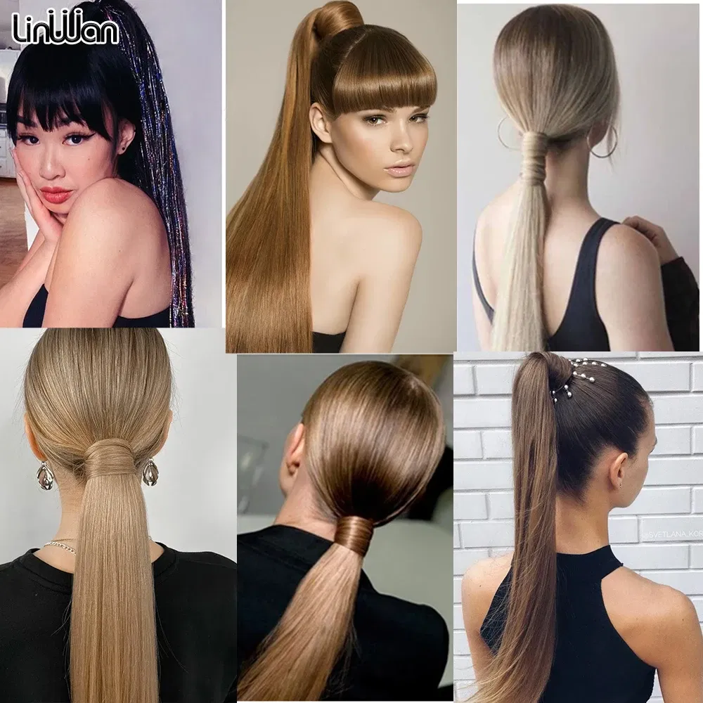 Color: #27 - LINWAN Synthetic Long Straight Wrap Around Clip In Ponytail Hair Extension Heat Reistan Pony Tail Fake Hair