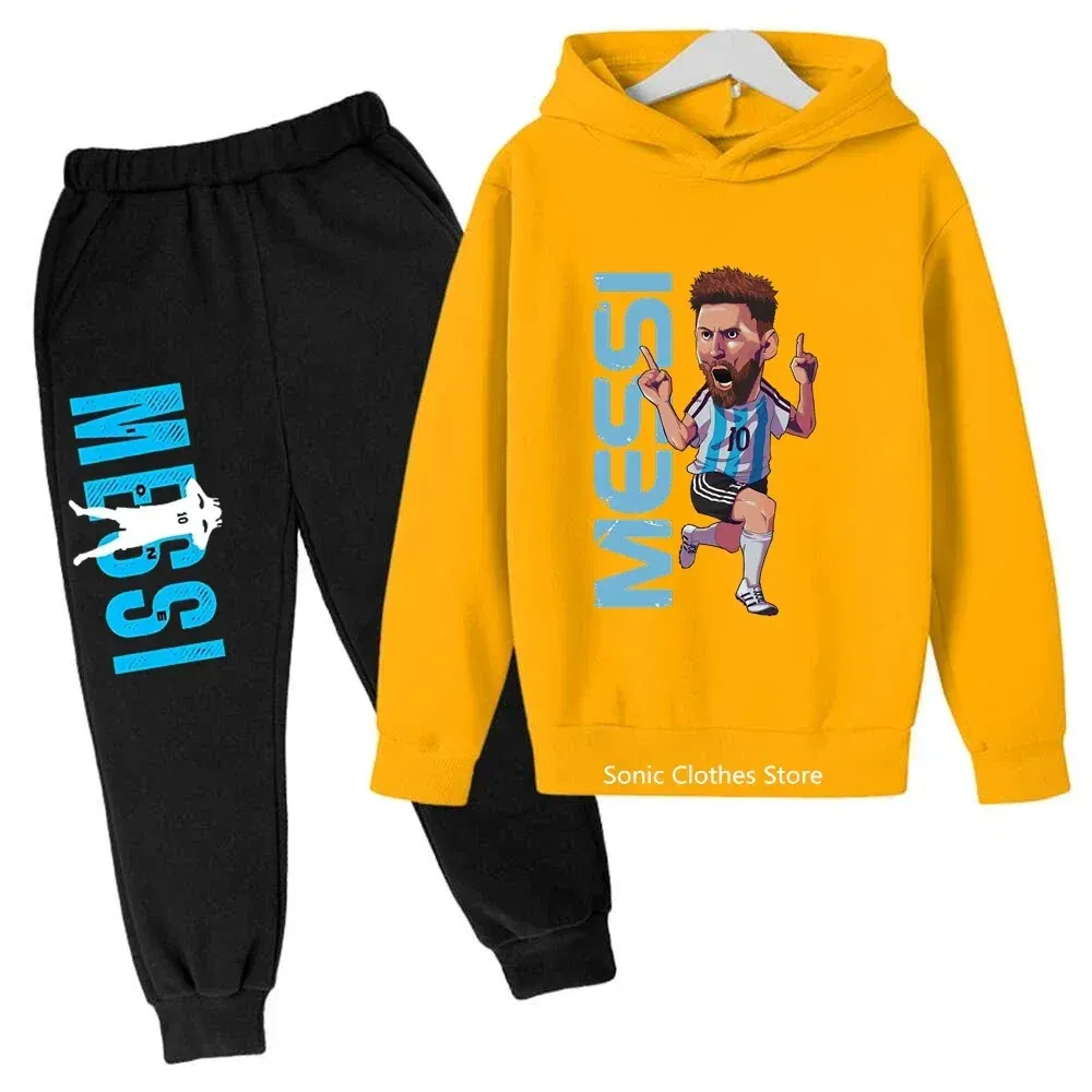 Color: Yellow, Kid Size: 6 - messi avatar printed children's clothing children's autumn and winter hoodies pants 2-piece casual boys and girls suits